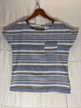 Linen Lux Coastal Striped Short Sleeve Blouse Linen Blend size M EUC